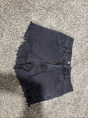 High-Rise Black Distressed Denim Shorts